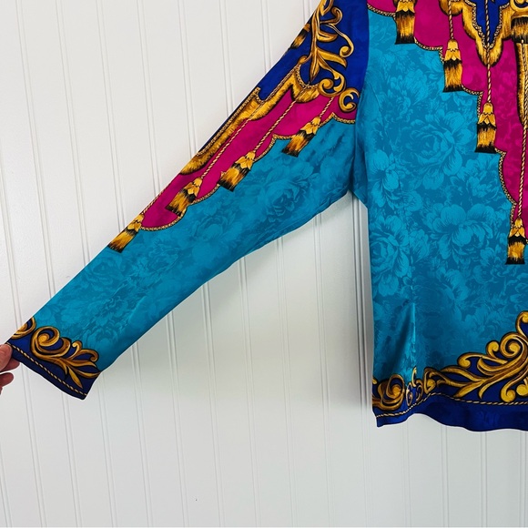 Vintage Silk Flashy 80's Blouse Shoulder Pads Versace Style Purple Teal Size 12 - Picture 5 of 8